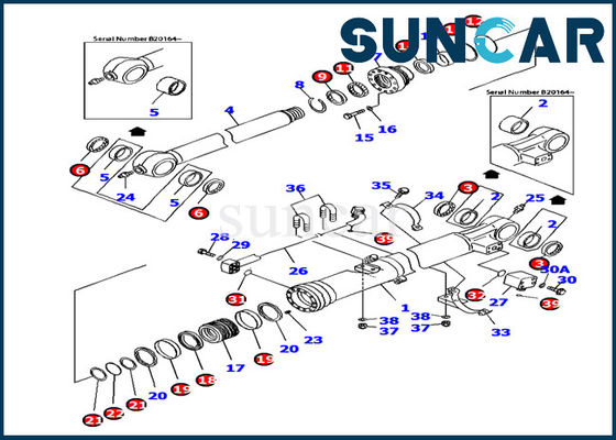 PC160LC-7 Con dấu thủy lực Komatsu 707-99-37380 Bộ dịch vụ xi lanh xô Bôi trơn các bộ phận mô hình